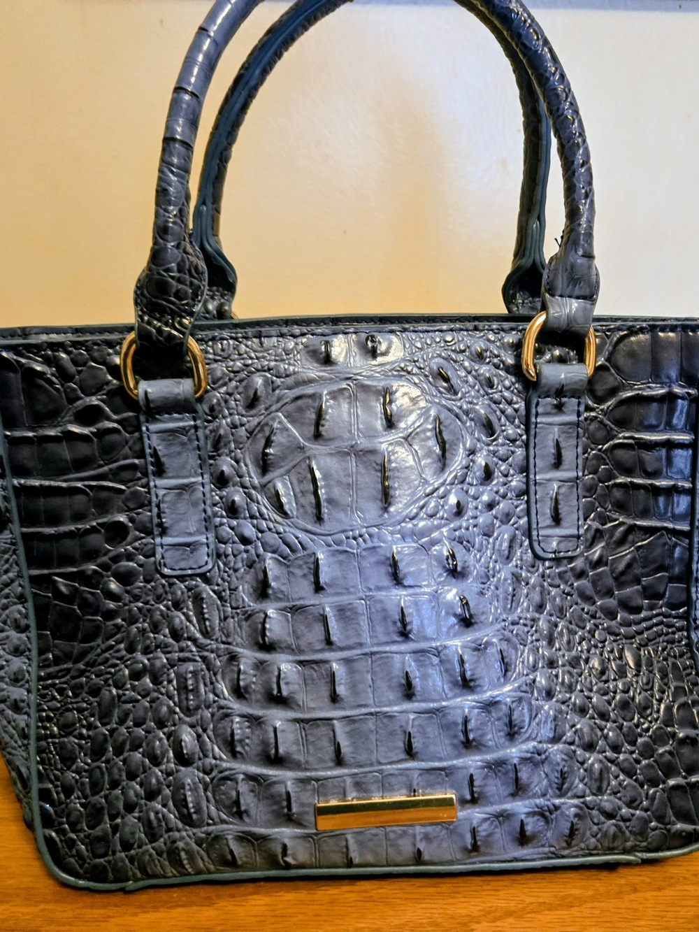 Structured Croc-Embossed Satchel in Deep Navy